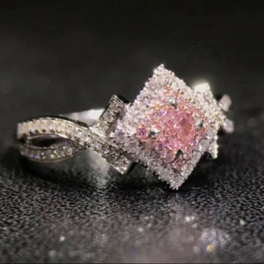 Elegant Natural Pink Sapphire Gemstone CZ Princess Cut Ring
